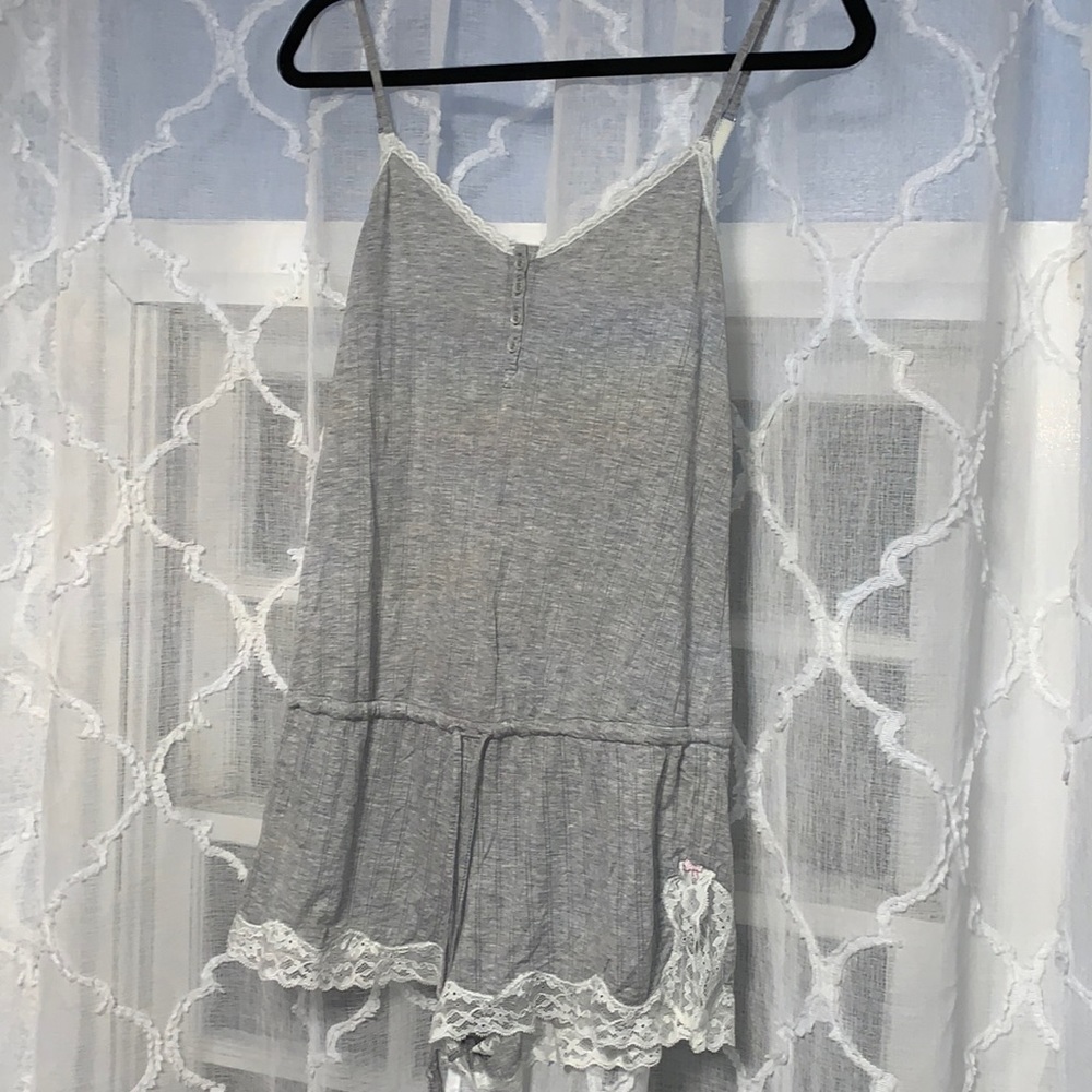 Medium Victoriaâs Secret Romper Pajama sleep grey with white lace - Picture 2 of 4